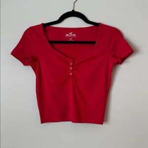 Hollister Ruched Henley Crop Top in Red XS